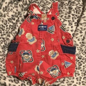 Vintage OshKosh B'gosh Red Kids Overalls teddy bears sailboat nautical cotton US